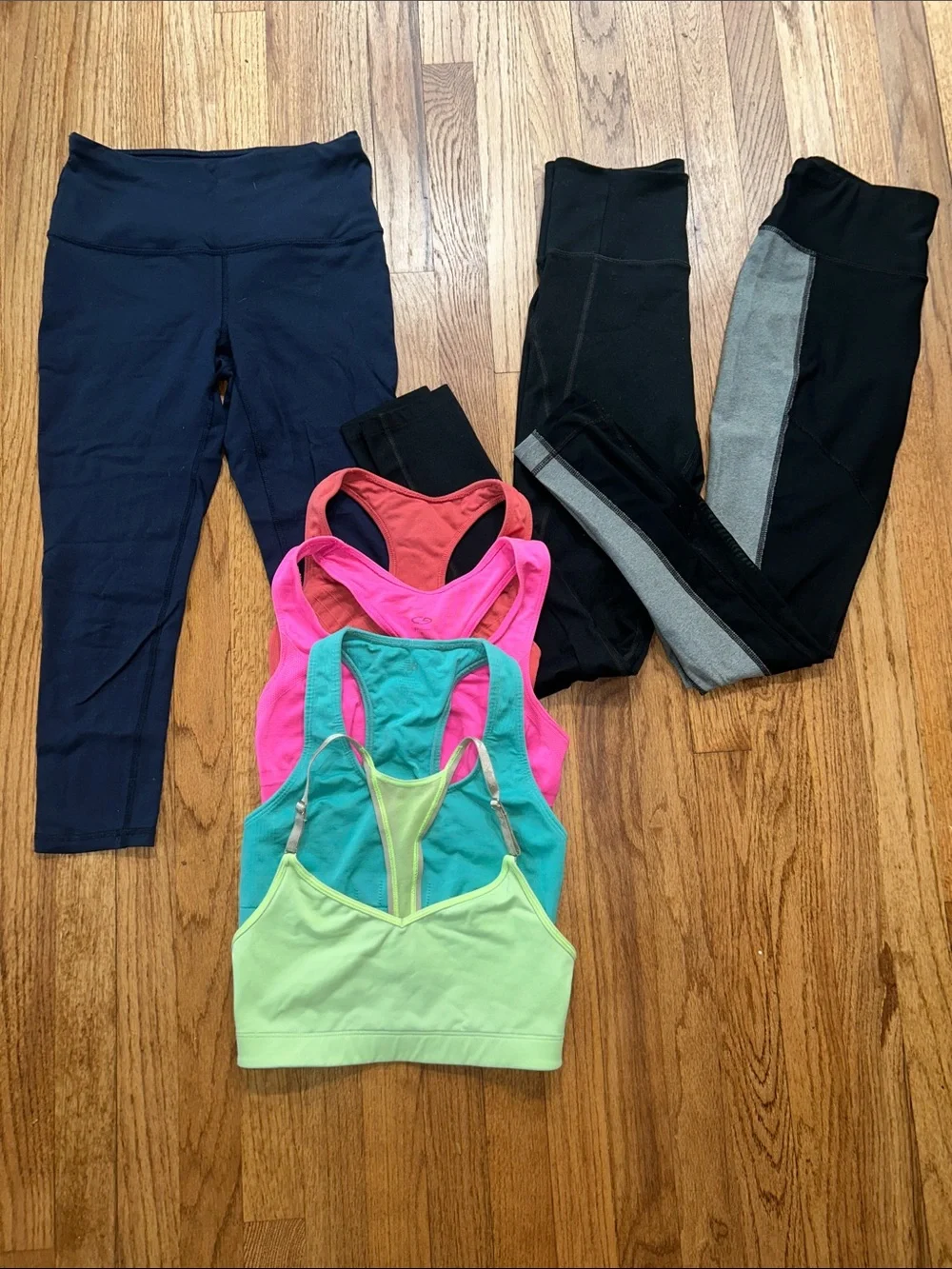 7 Piece Name Brand Mixed Activewear Set - Black Leggings + Bright Sports Bras